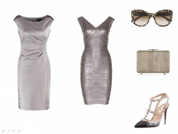 Шёлковое светлое платье, остроносые туфли на каблуке, металлизированный клатч, броские солнечные очки.