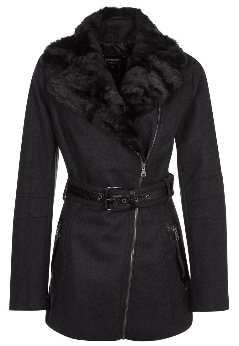 Продаю женское пальто Guess, цвет серый, шерстяное с меховым воротником