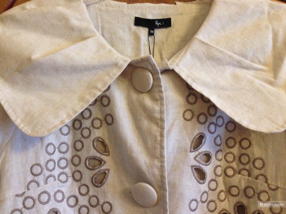Льняной красивый удлиненный пиджак с набивной вышивкой , 100% коттон, размер M