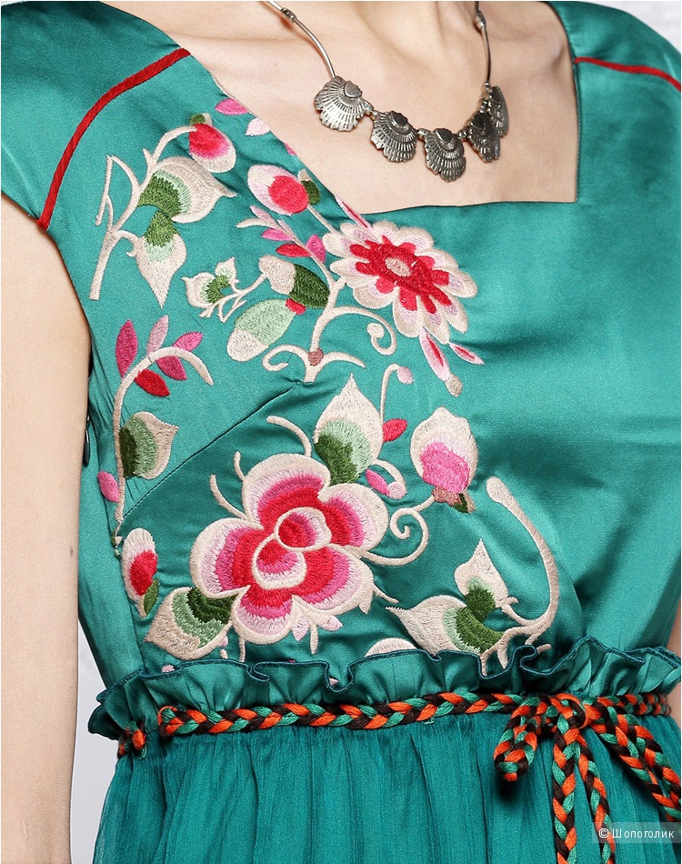 Легкое шифоновое платье с вышивкой, красивый изумрудный цвет, Liebo