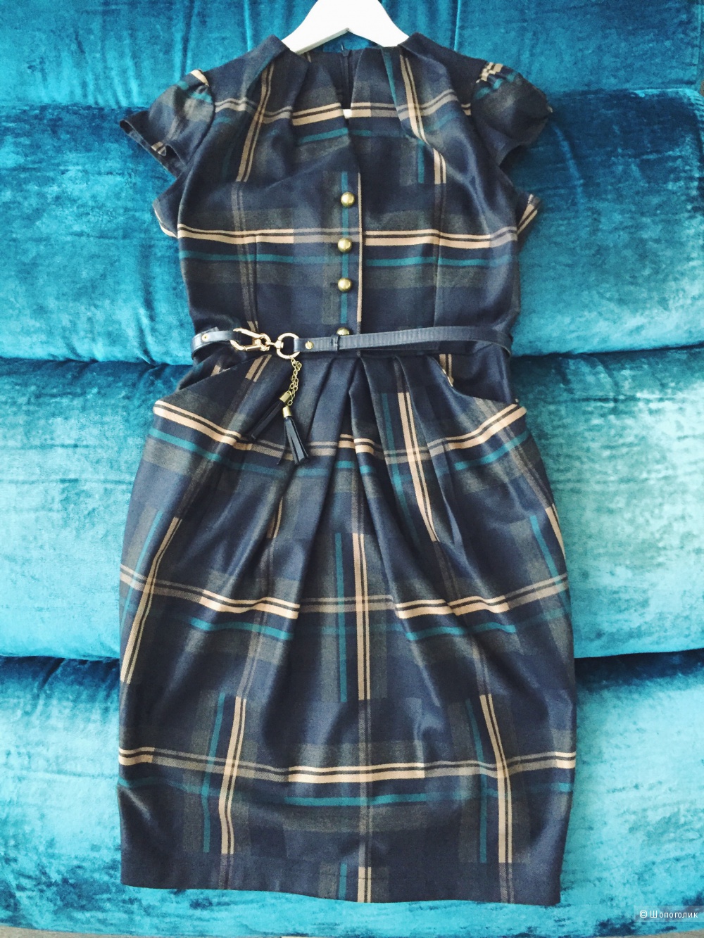 Платье-футляр в клетку шотландку темно-синее новое