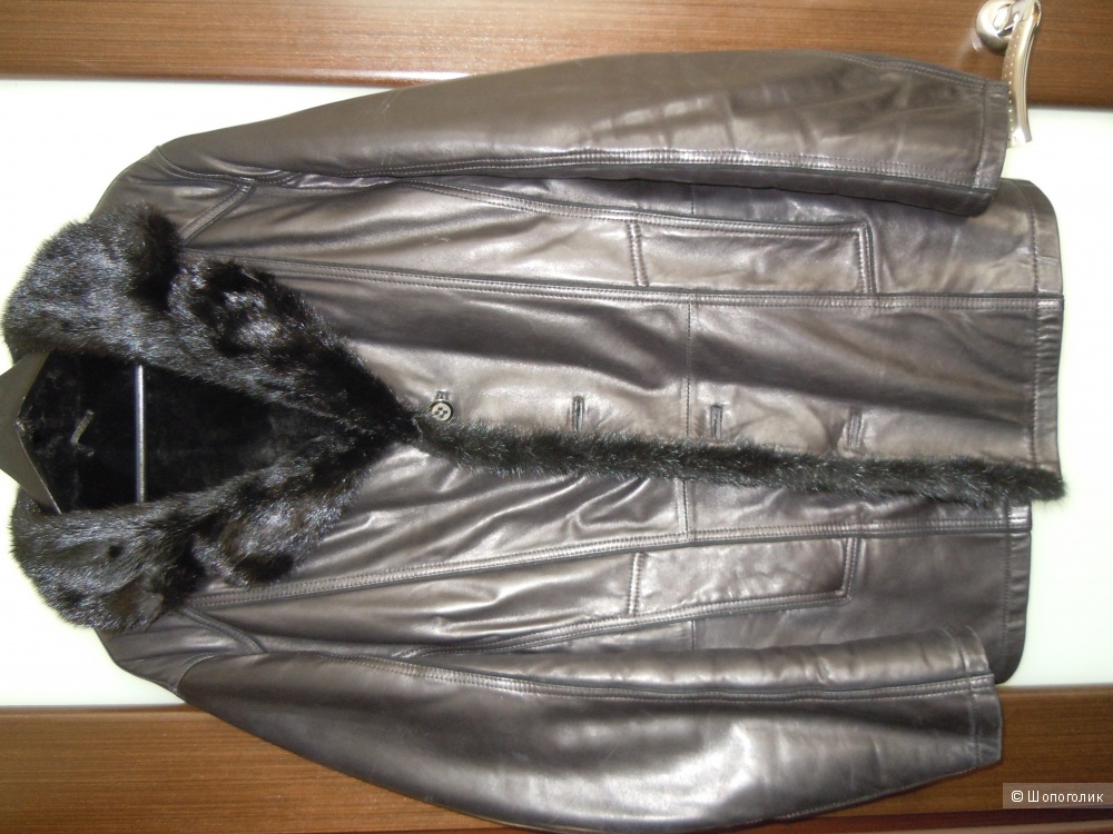 БУ Мужская зимняя куртка из натуральной кожи,  воротник из меха норки р.52