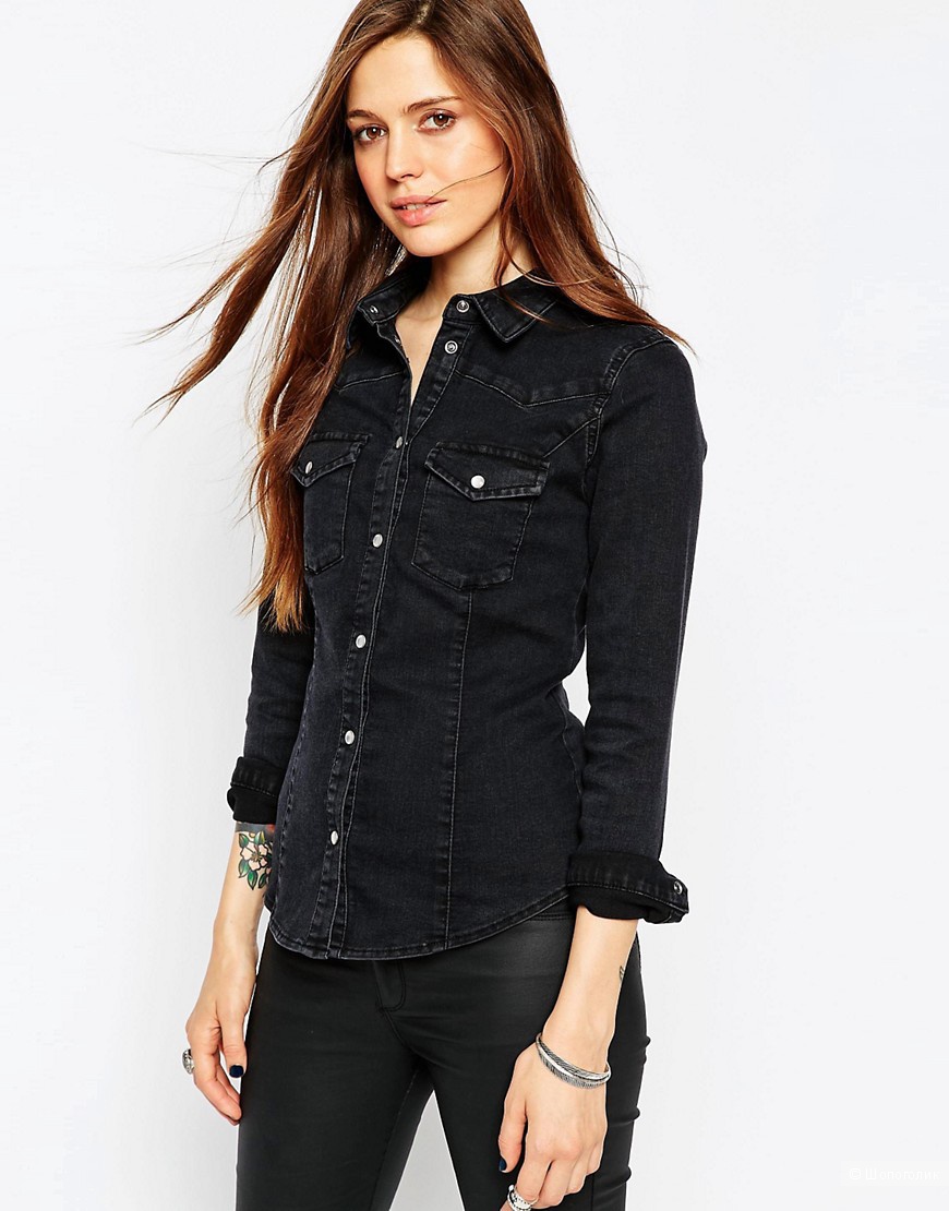 Черная выбеленная приталенная джинсовая рубашка в стиле вестерн размер 8
