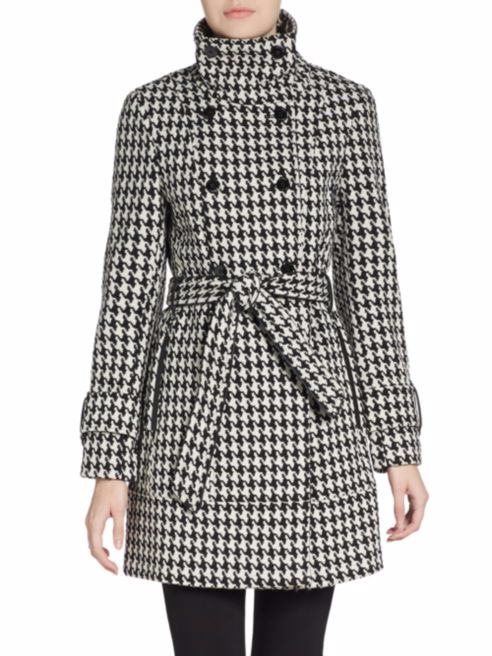 Пальто Celvin Klein DB Belted Convertible Stand Collar Wool Trench Houndstooth