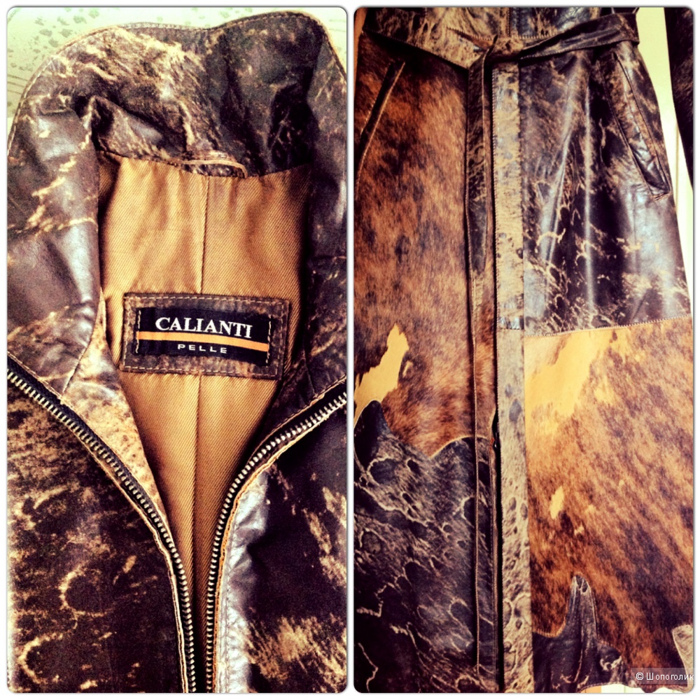 Шикарное фирменное кожаное пальто/плащ CALIANTI PELLE со вставками натурального, гладкого меха.