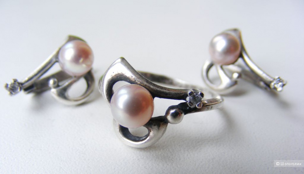 Комплект кольцо и серьги серебро розовый жемчуг фианит 18 размер