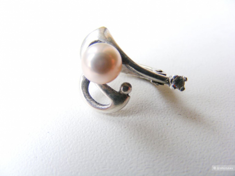Комплект кольцо и серьги серебро розовый жемчуг фианит 18 размер