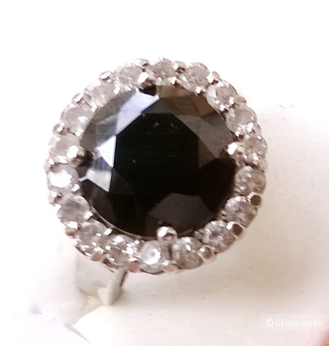 Кольцо с чёрным камнем и фианитами 16,5-17 размер серебро 925