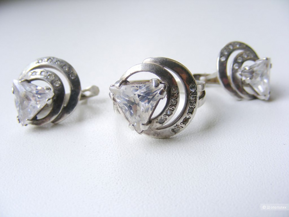 Комплект серьги + кольцо серебро 925 пробы хрусталь фианиты кольцо 17,5 размер
