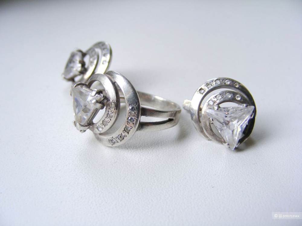 Комплект серьги + кольцо серебро 925 пробы хрусталь фианиты кольцо 17,5 размер