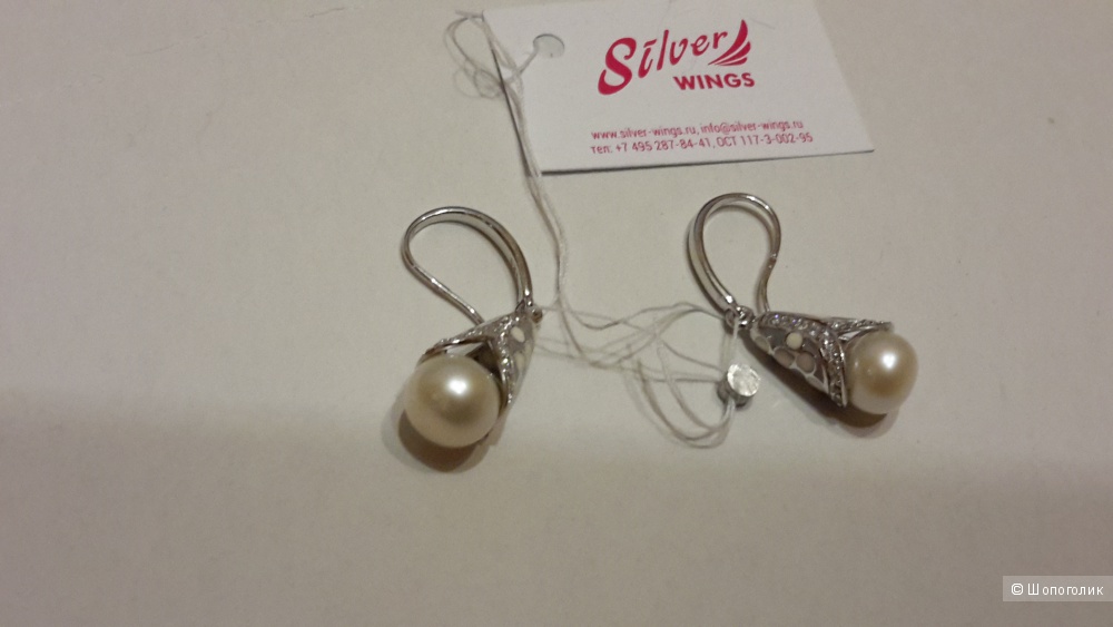 Красивые серебряные серьги Silver Wings с жемчугом, эмалью и кубическим цирконом новые