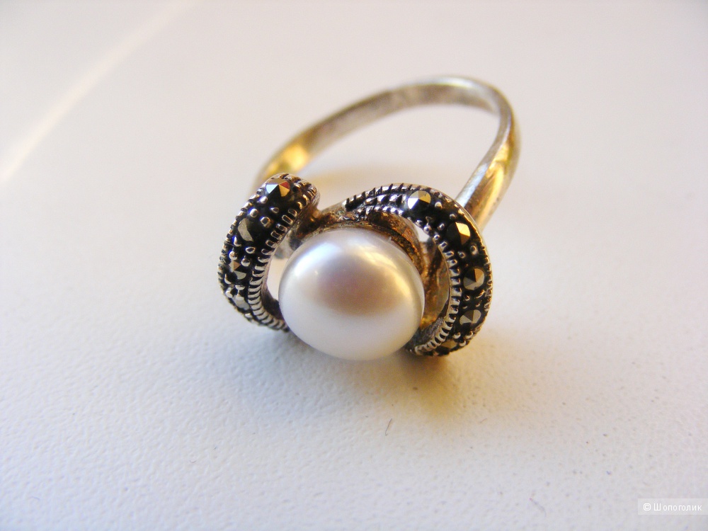 Комплект серебро 925 жемчуг марказиты серьги и кольцо 17,5 размер