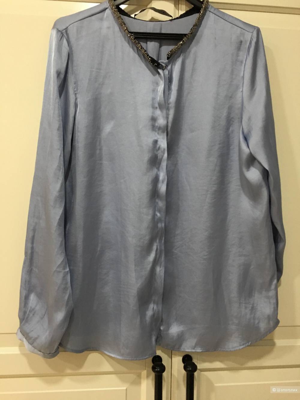 Блуза Zara серо-голубая с декоративной отделкой Вискоза