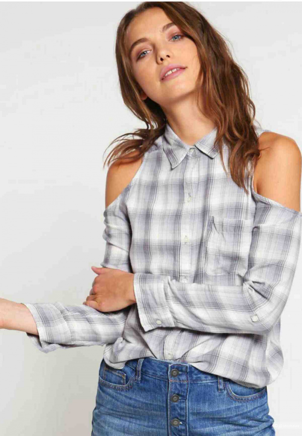 Серая женская рубашка Hollister с открытыми плечами р. 46 (М)