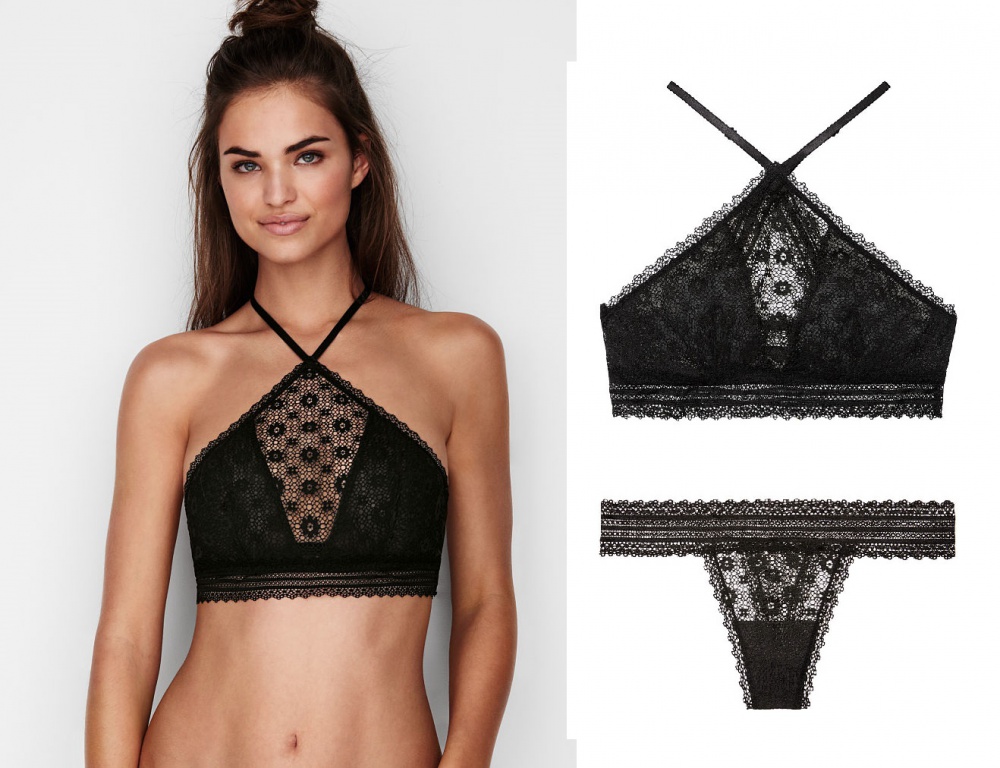 Бралетка с трусиками Victoria's Secret (High-neck Bralette+Medallion Lace Thong Panty), черные, размер S