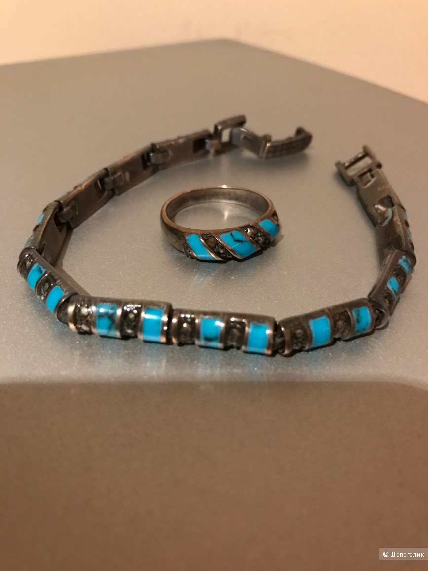 Комплект браслет и кольцо бирюза в серебре прошлый век.