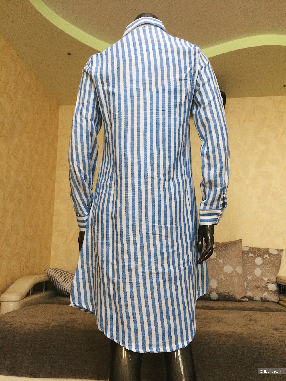Хлопковое полосатое платье-рубашка с вышивкой, размер М