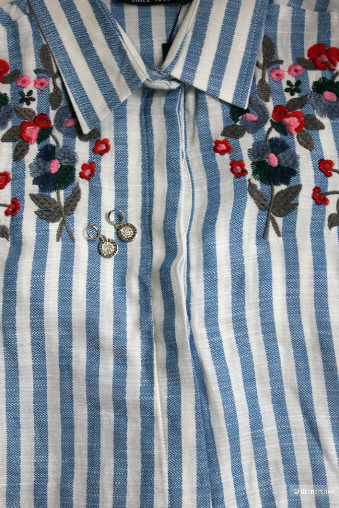 Хлопковое полосатое платье-рубашка с вышивкой, размер М