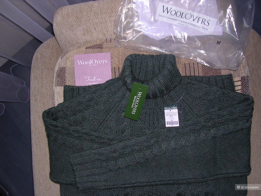 Аранский свитер новый, болотного цвета, р 46