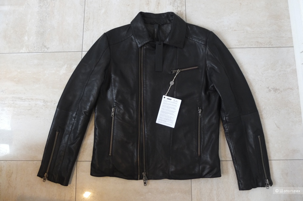Новая мужская черная кожаная куртка косоворотка MESSAGERIE, размер 54