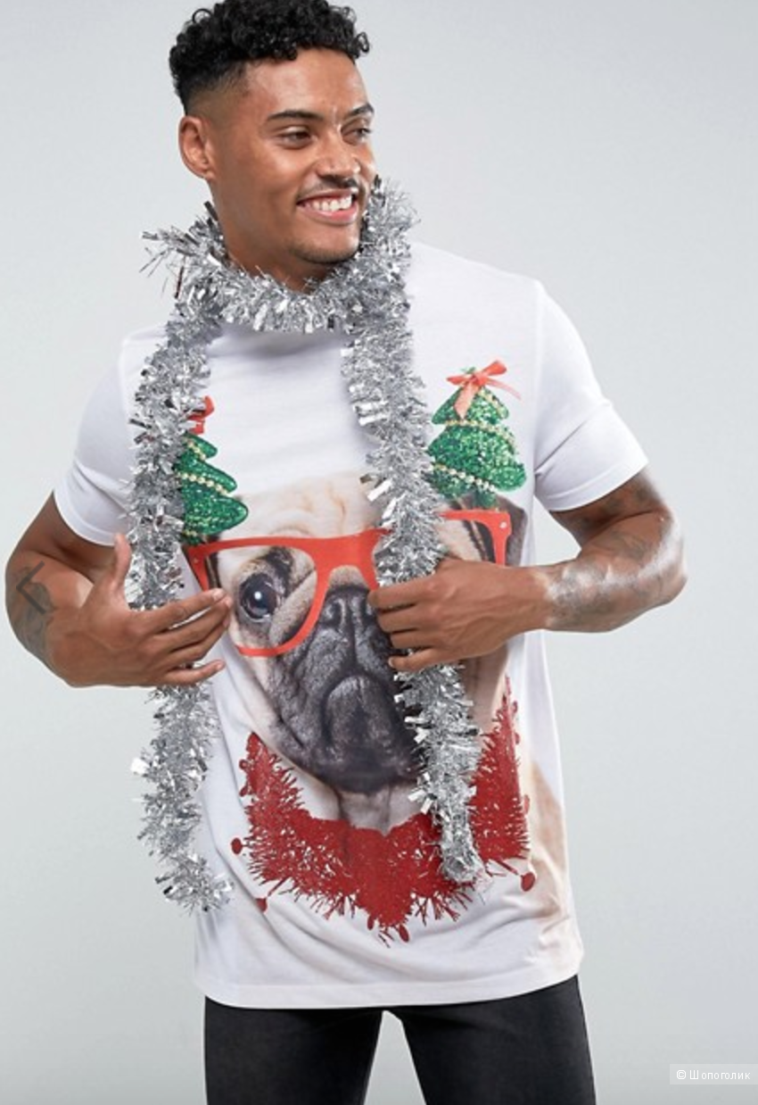Длинная футболка Christmas с принтом мопса. Размер S, на рос. 46-48.