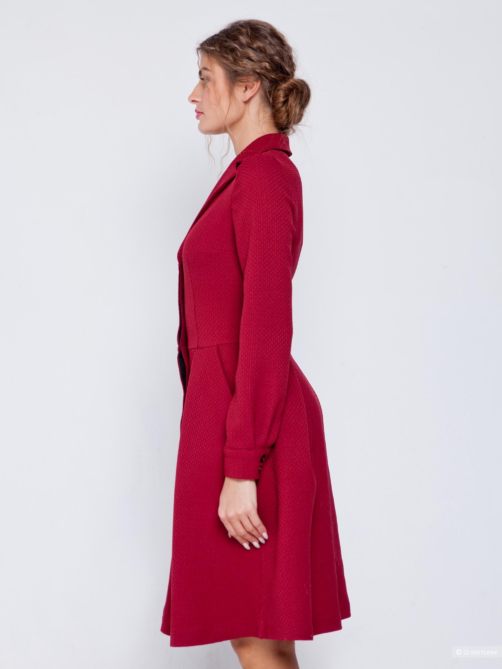 Платье-пальто с отложными бортами воротника, винного цвета , фирма Grand ,46 размер