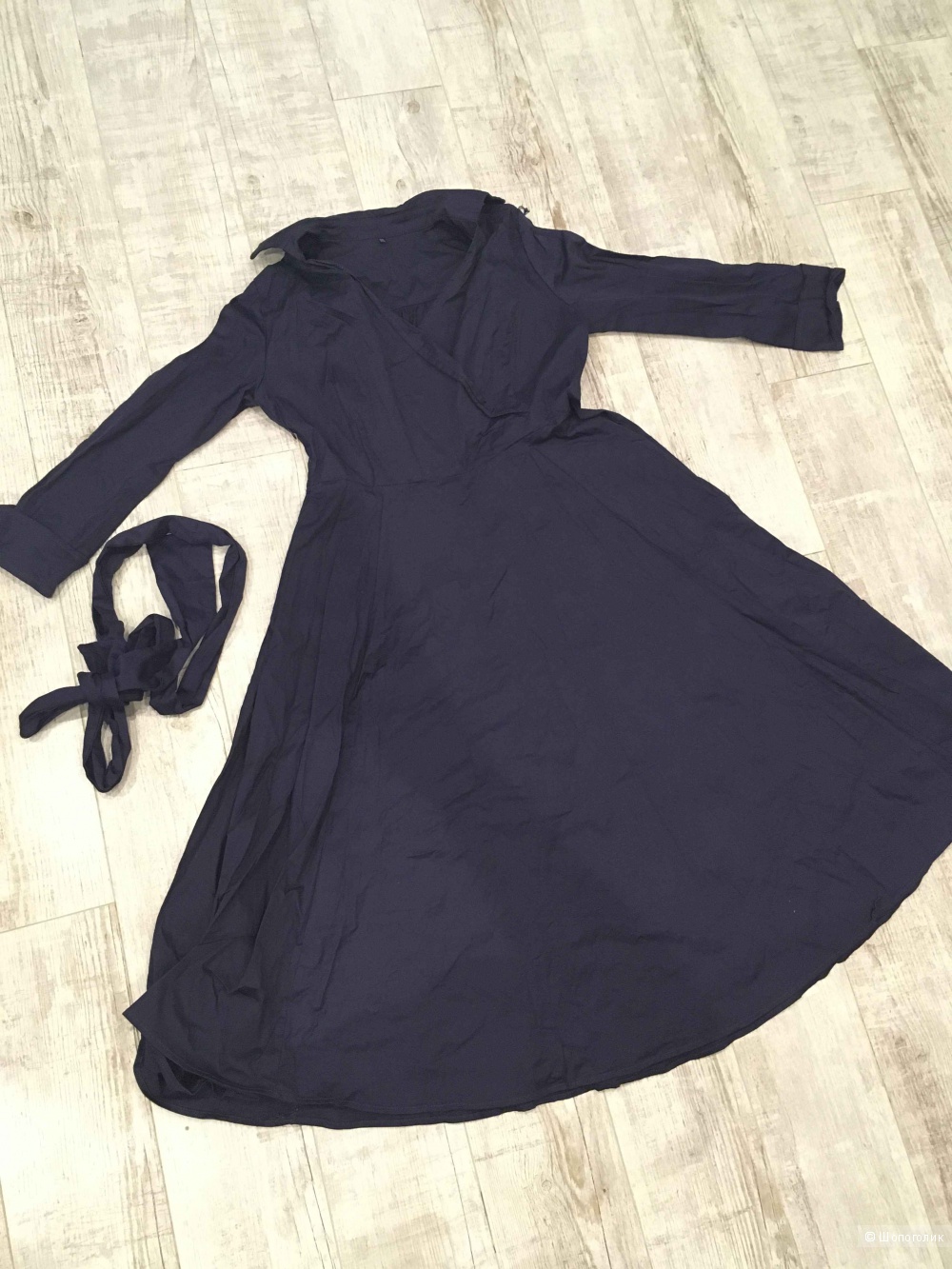 Хлопковое платье с запахом темно-синее, 52 размер