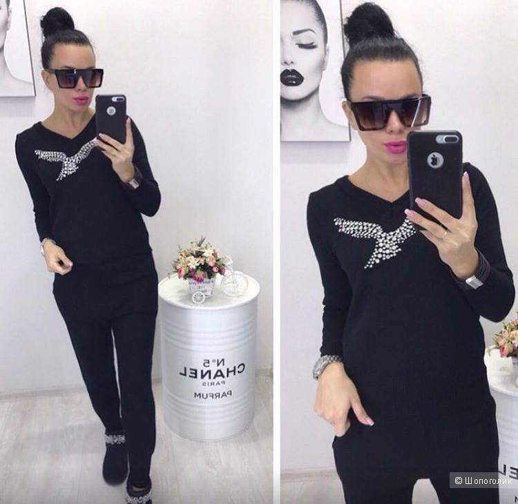 Костюм двусторонний черный вязаный Птица Chanel, onesize