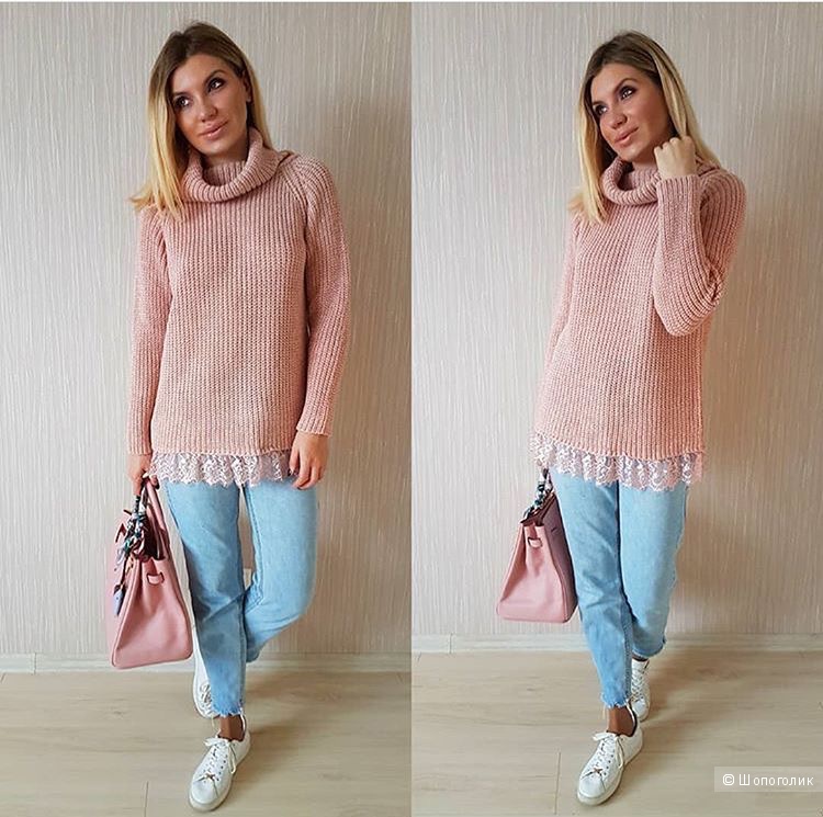 Свитер пудровый с кружевом Италия ZyK, oversize