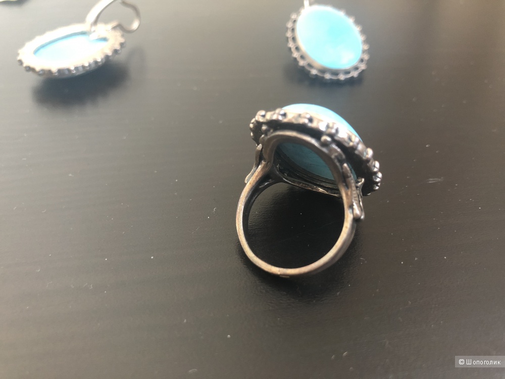 Серебряные серьги и кольцо с бирюзой (размер 17,5)