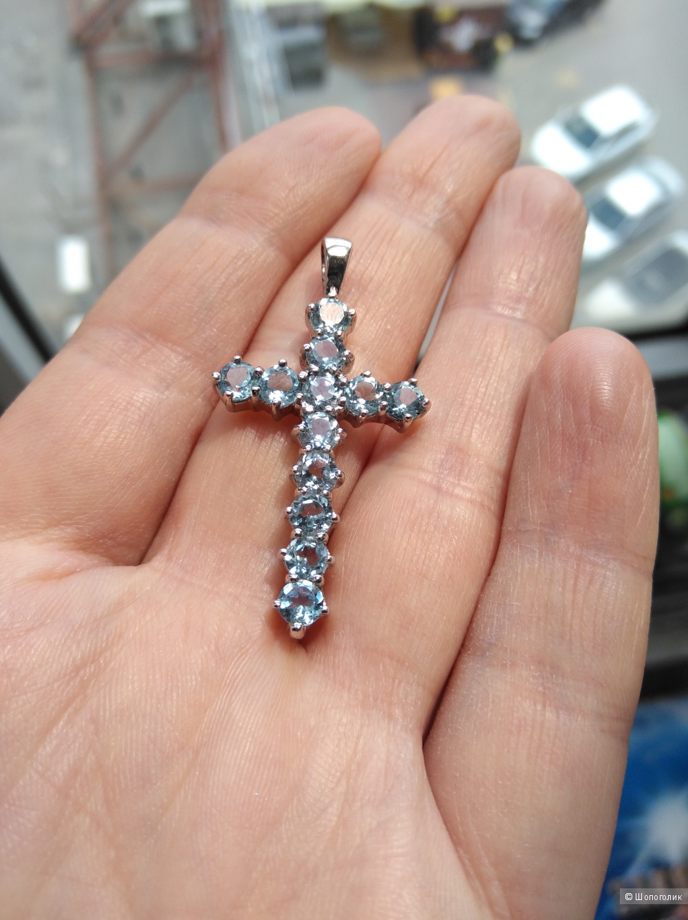 Крест серебряный, 925 проба, с голубыми топазами