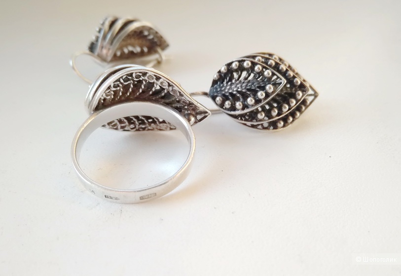 Комплект серьги и кольцо серебро 925