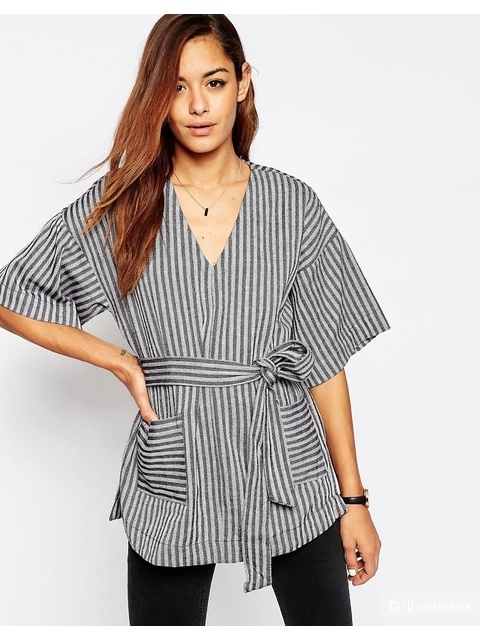 ASOS V Neck Belted T-Shirt in Stripe, 8 UK