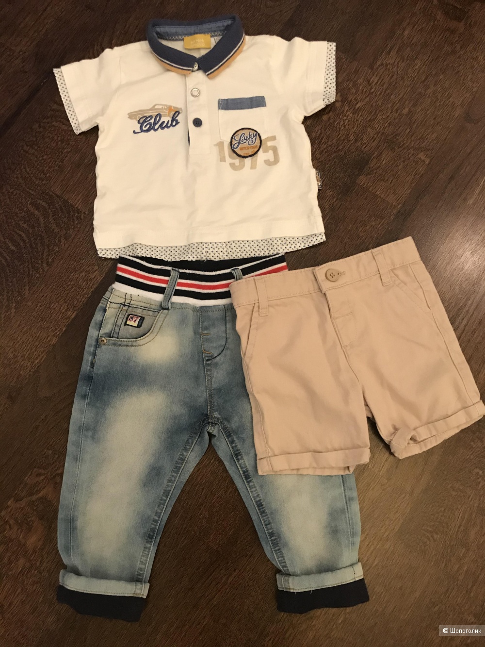 Поло Chicco, джинсы Wojcik, шорты Coton, размер 74