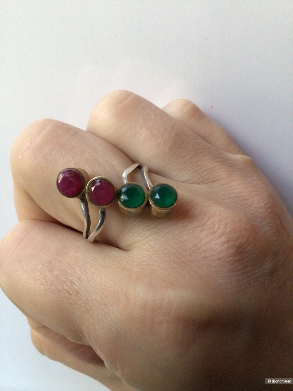 Серебряное кольцо с натуральными агатами и рубинами, One size