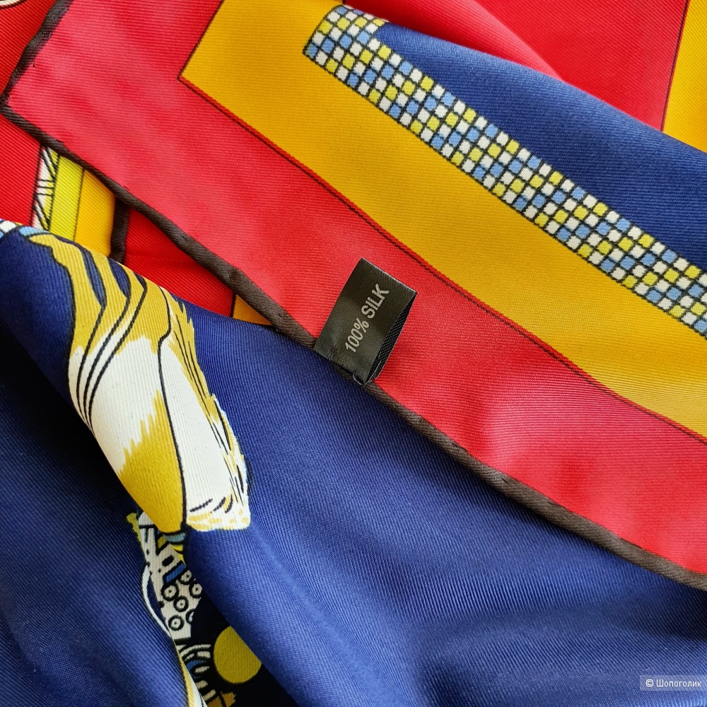 Платок Hermès шёлк (красно-синий, принт "лошадки")