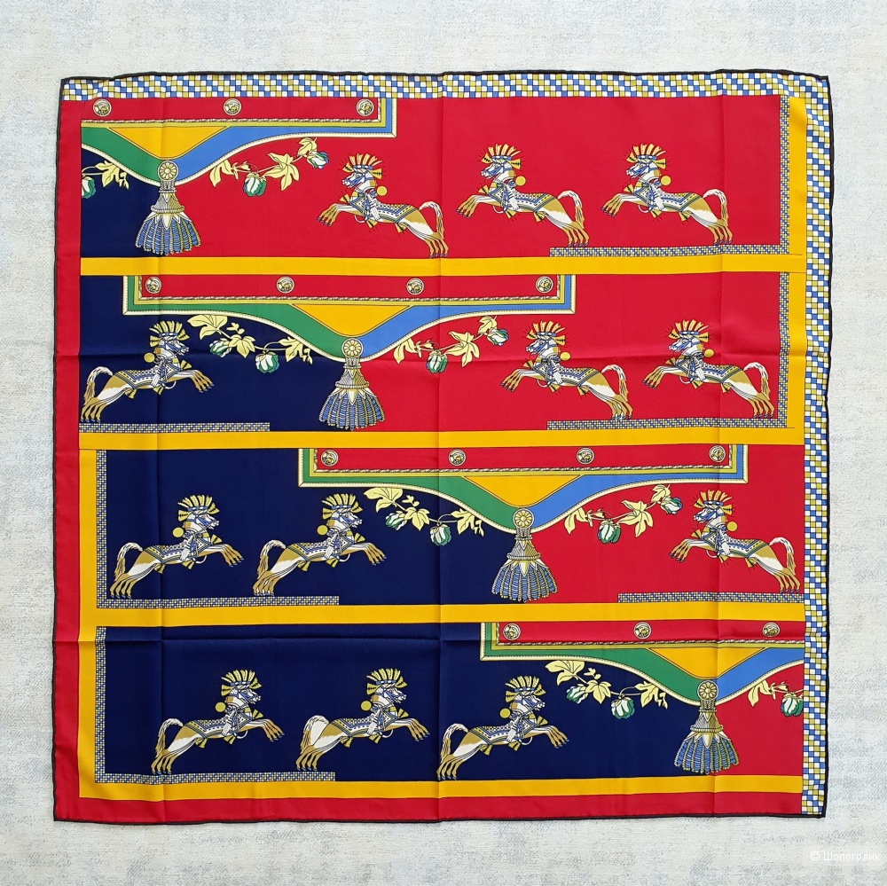 Платок Hermès шёлк (красно-синий, принт "лошадки")
