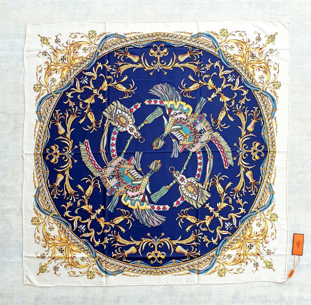 Платок Hermès шёлк (синий, принт "золотой узор")