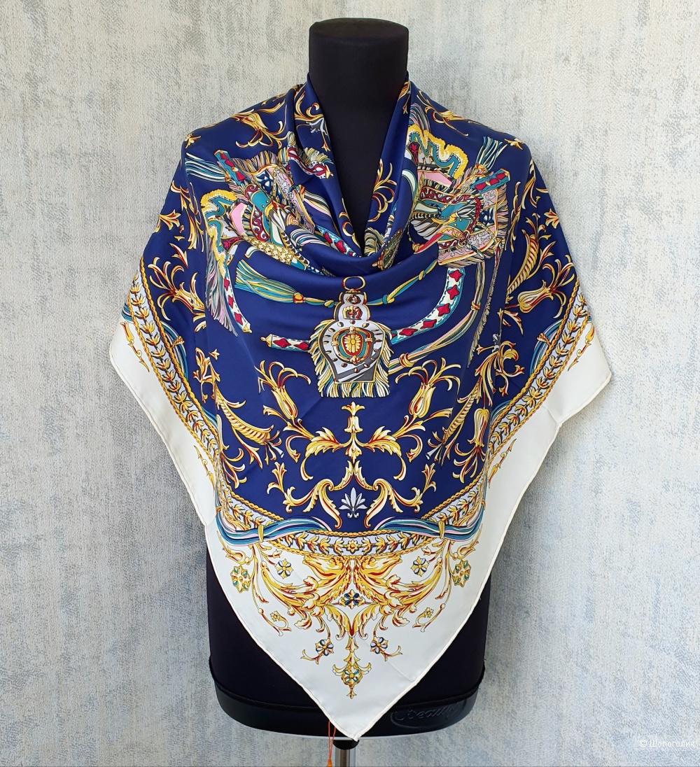 Платок Hermès шёлк (синий, принт "золотой узор")