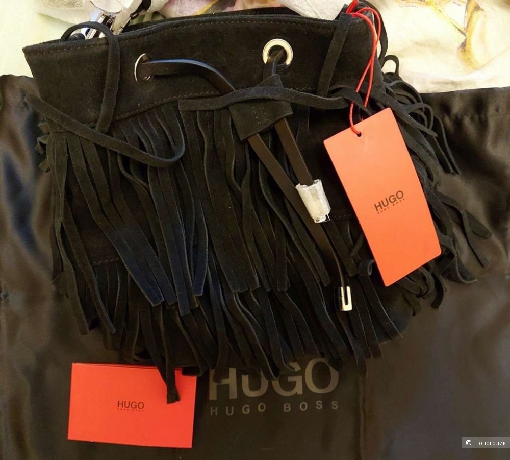 Черная кожаная сумка-мешок на шнурке Hugo Boss