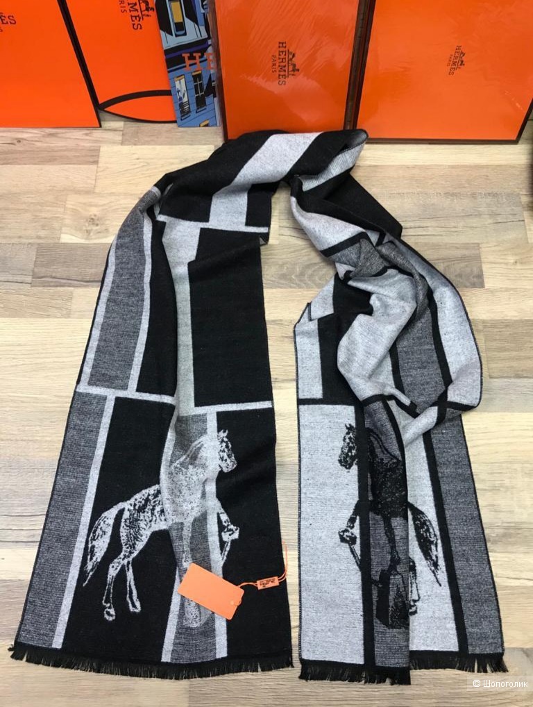 Мужской шарф Hermes кашемир черный принт лошадь