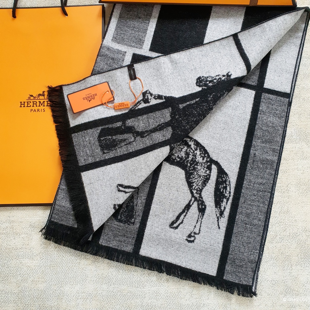 Мужской шарф Hermes кашемир черный принт лошадь