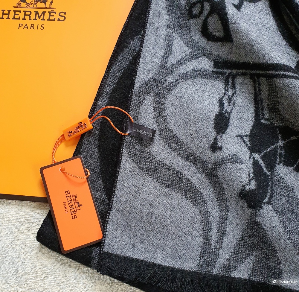 Мужской шарф Hermes кашемир черно-серый принт узор