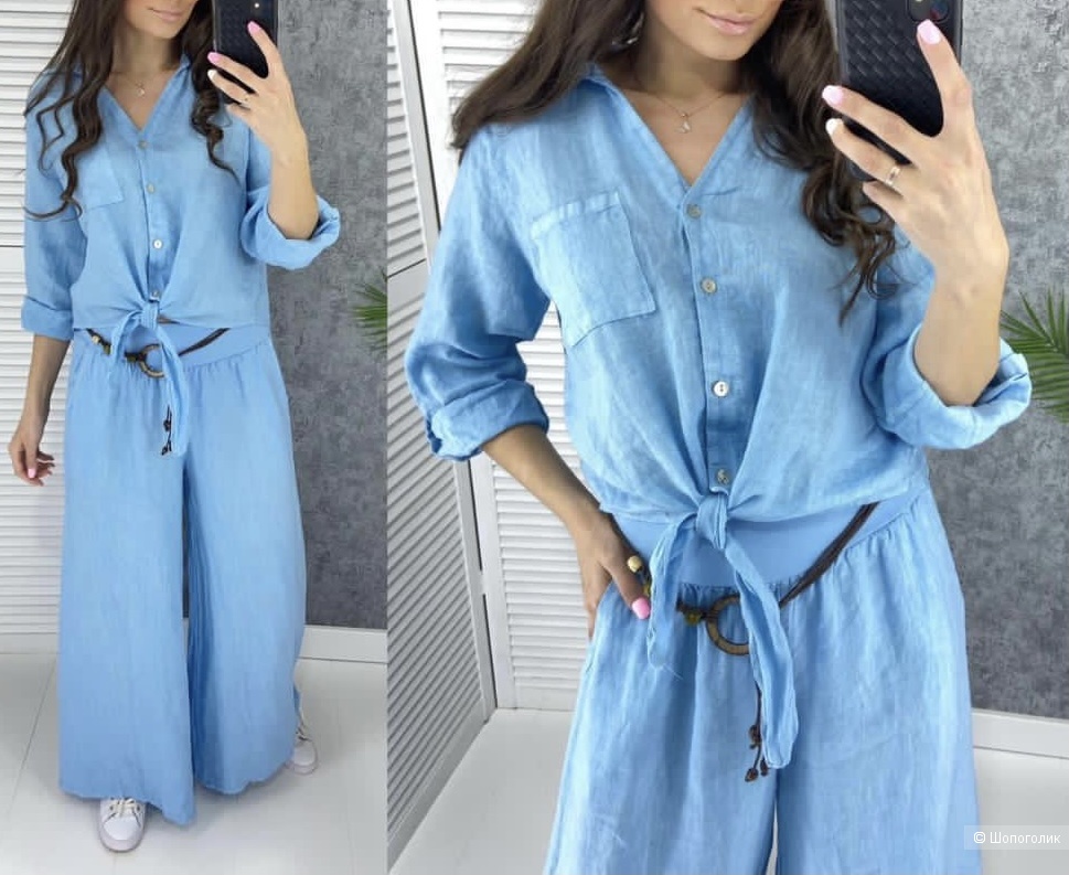 Костюм лен брюки палаццо и рубашка узел PURO LINO, 42-50