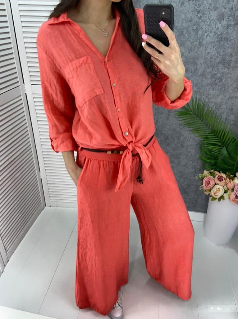 Костюм лен брюки палаццо и рубашка узел PURO LINO, 42-50