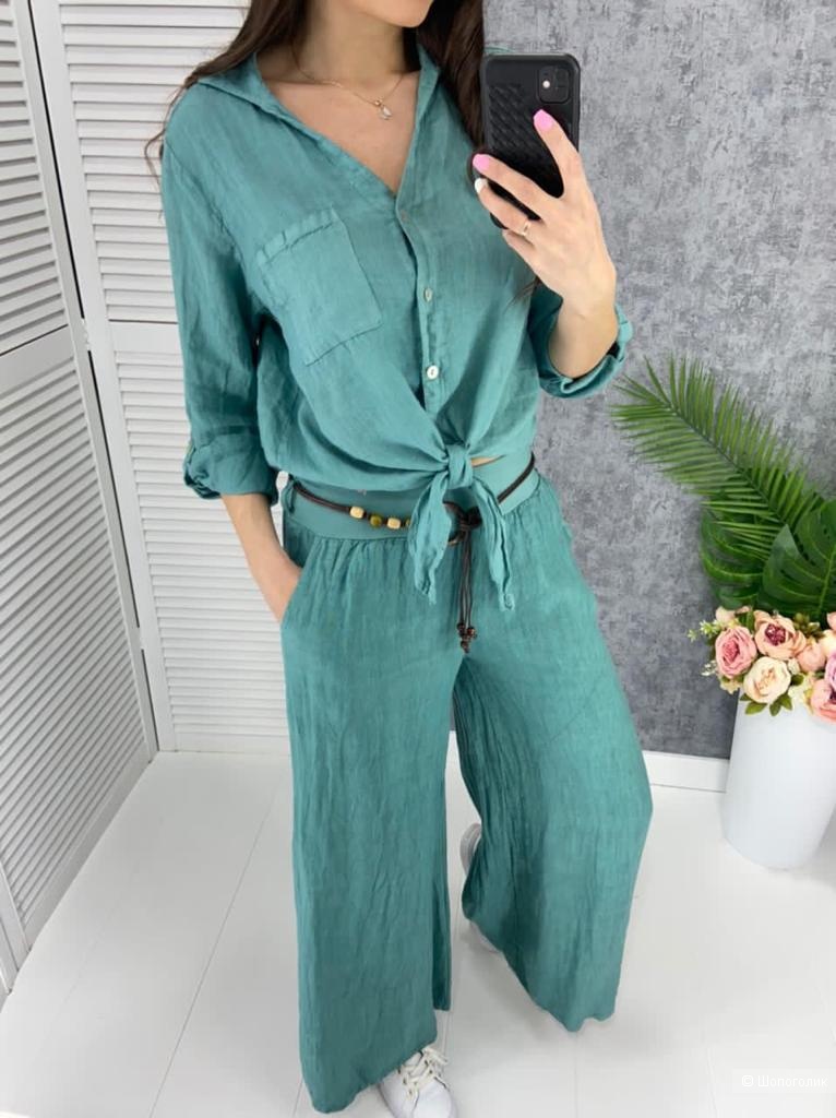 Костюм лен брюки палаццо и рубашка узел PURO LINO, 42-50