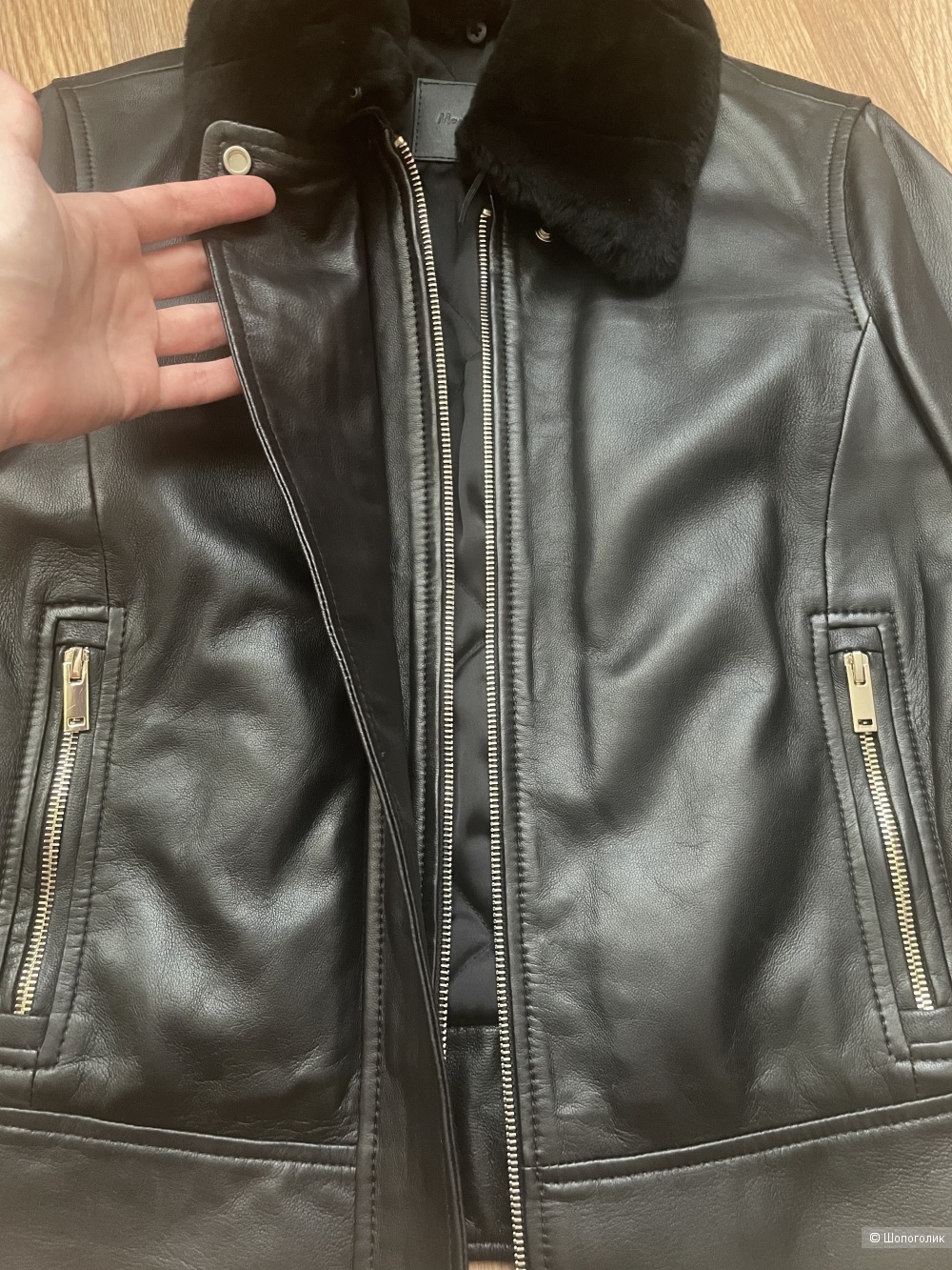 Massimo Dutti утепленная кожаная куртка с меховым воротником S