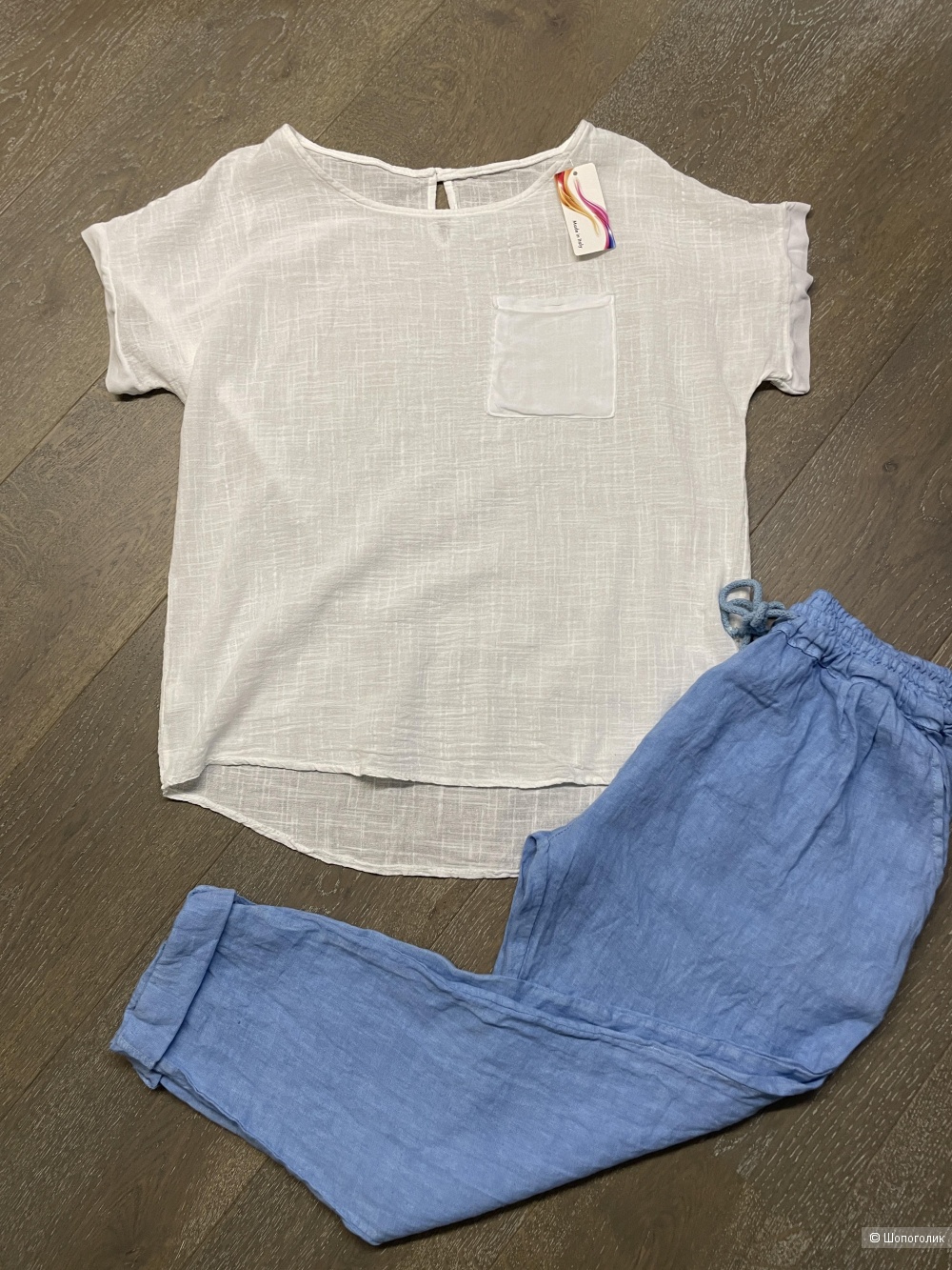 Сет брюки лен и блуза футболка summer blue italia puro lino, 42-52