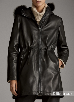 Черное пальто из кожи наппа с капюшоном Massimo Dutti S
