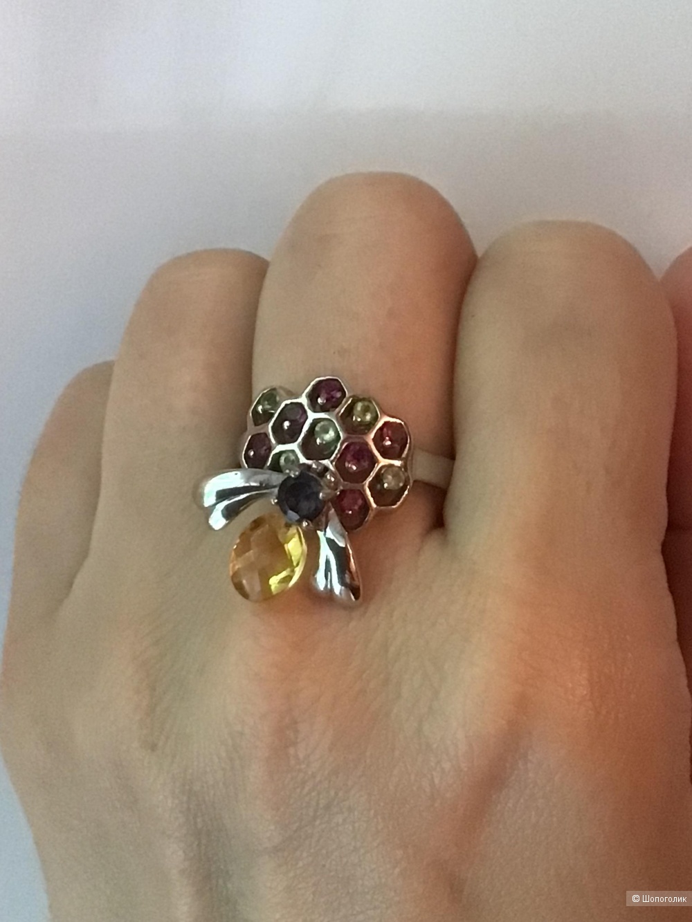 Серебряное кольцо «Пчела» с натуральными камнями, 18,5 размер